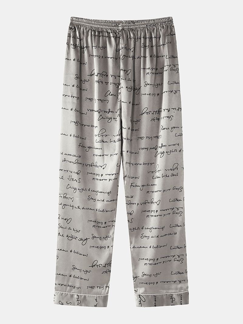 Heren Allover Slogan Print Flap Pocket Faux Silk Home Long Sleeve Lounge Pyjama