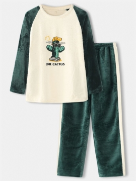 Heren Cartoon Cactus Letter Print Ronde Hals Flanellen Warme Lange Pyjama Sets