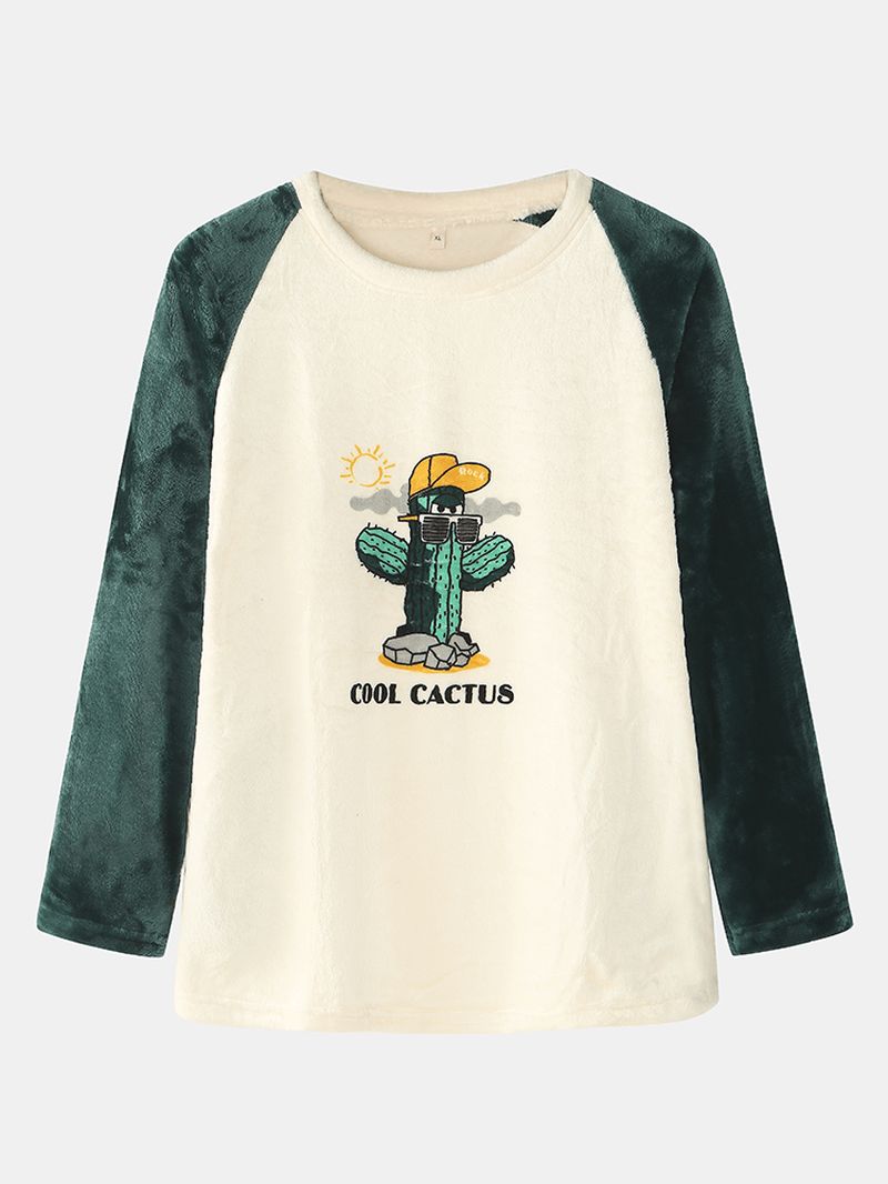 Heren Cartoon Cactus Letter Print Ronde Hals Flanellen Warme Lange Pyjama Sets