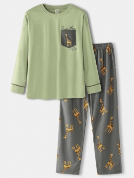 Heren Cartoon Giraffe Letter Print Drop Shoulder Katoen Gezellige Pyjama Sets