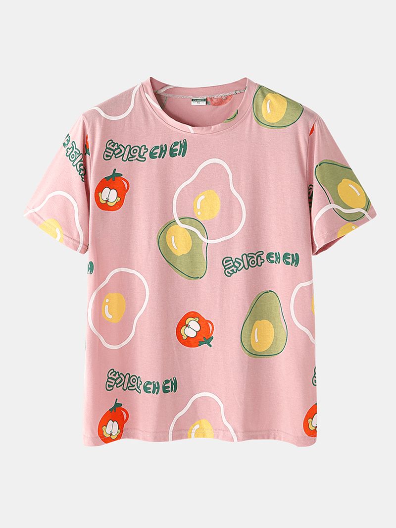 Heren Casual Cartoon Fruit Print Ronde Hals Losse Pyjama Set Met Korte Mouwen