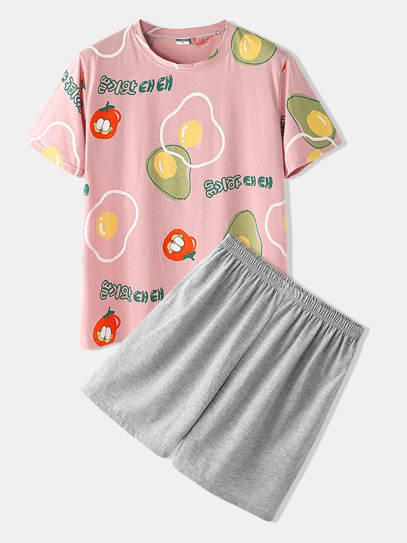 Heren Casual Cartoon Fruit Print Ronde Hals Losse Pyjama Set Met Korte Mouwen