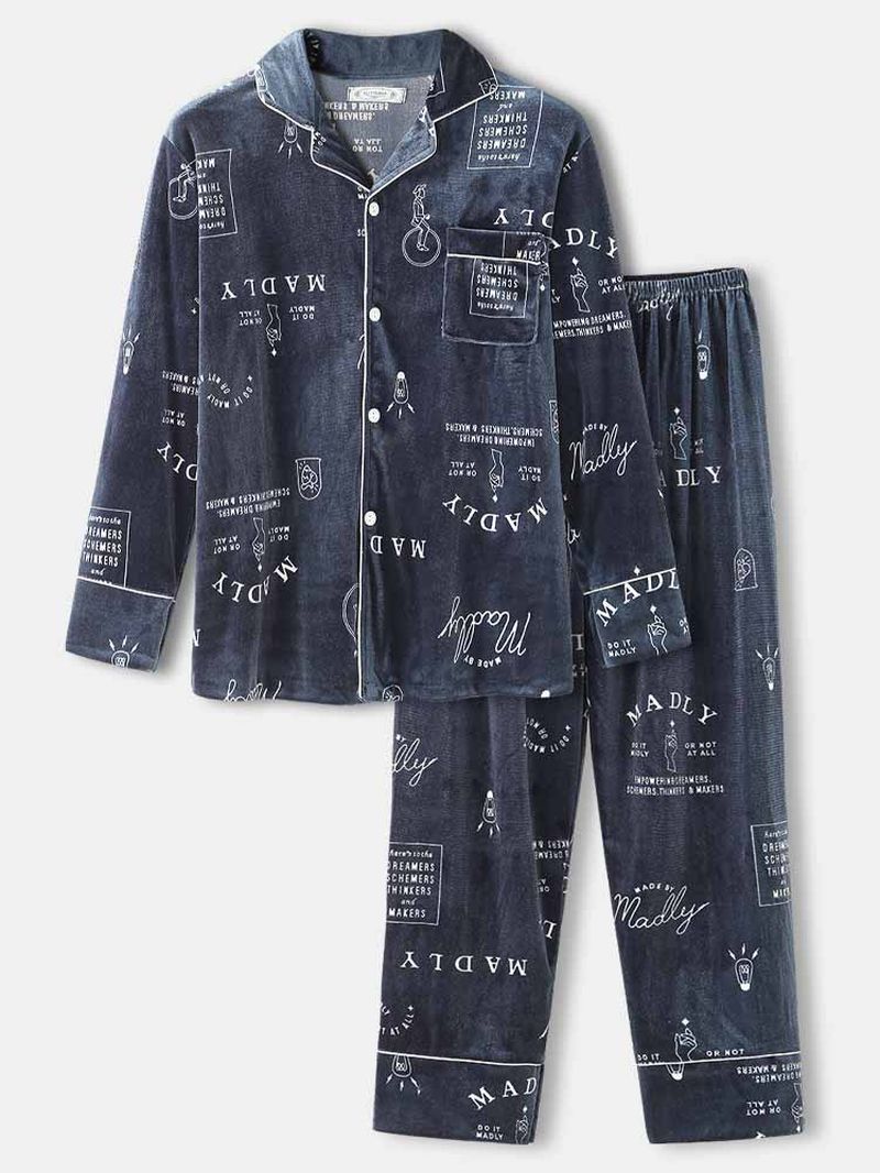 Heren Eenvoudige Graffiti Letter Print Shirt Elastische Taille Broek Fluwelen Warme Thuis Pyjama Set