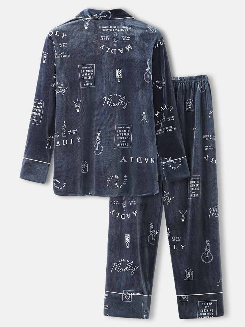 Heren Eenvoudige Graffiti Letter Print Shirt Elastische Taille Broek Fluwelen Warme Thuis Pyjama Set