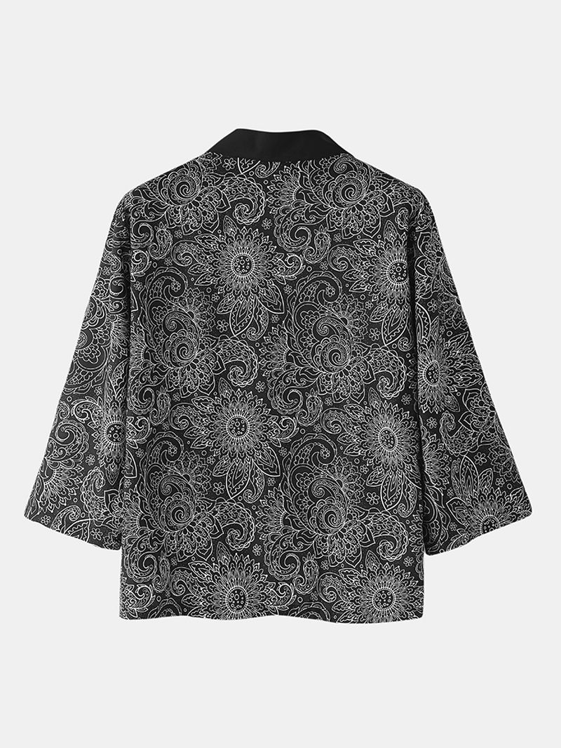 Heren Etnische Stijl Print Kimono Tops Knie Lengte Shorts Casual Pyjama Set