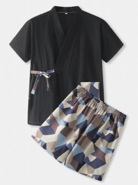 Heren Geometrische Print V-hals Top Elastische Taille Zak Japanse Stijl Sauna Pak Thuis Pyjama