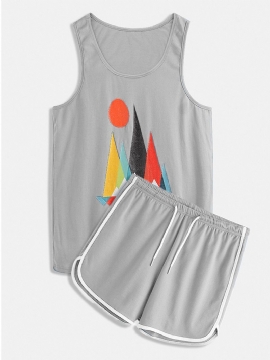 Heren Grappige Geometrische Blokprint Nachtkleding Tanktop Elastische Taille Shorts Thuis Pyjama Set