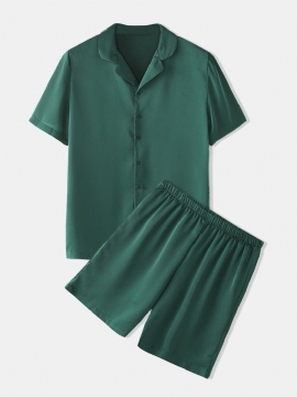 Heren Groene Knoop-up Faux Zijde Korte Mouw Elastische Taille Thuis Casual Pyjama Set