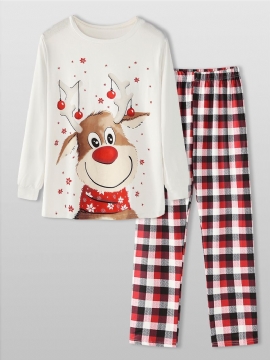 Heren Kerst Cartoon Elanden Print Ronde Hals Top Geruite Broek Thuis Losse Pyjama Set