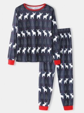 Heren Kerst Elanden Print Ronde Hals Joggingbroek Tweedelige Home Lounge Pyjama Set