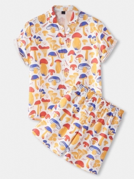 Heren Kleurrijke Paddestoel Print Dunne Losse Vakantie Strand Loungewear Korte Mouw Pyjama Sets