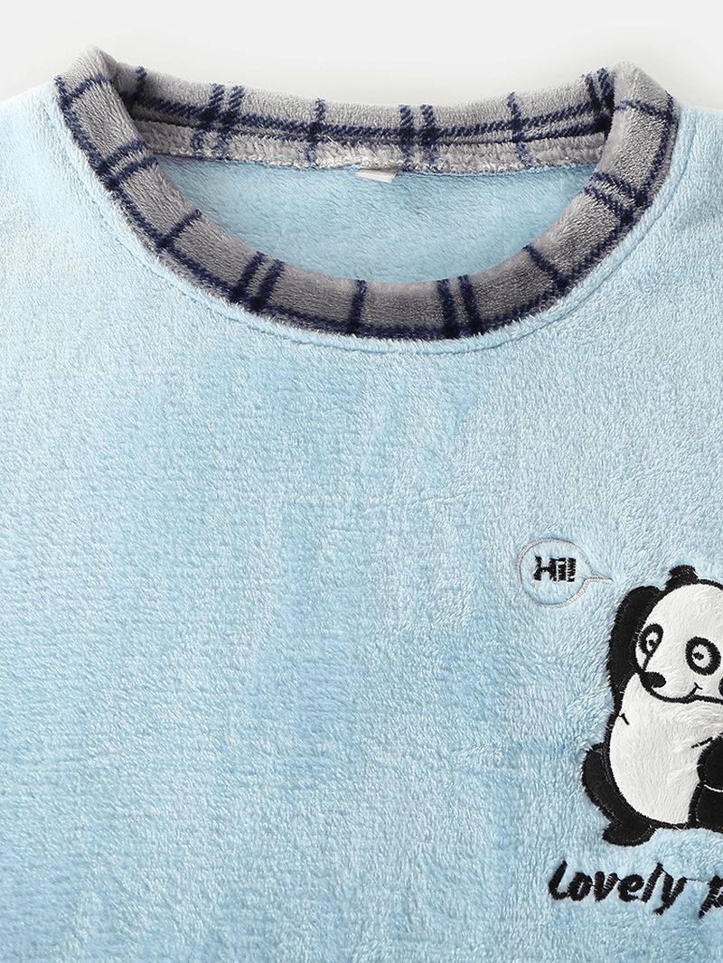 Heren Leuke Panda Letter Borduurwerk Raster Stiksels O-hals Flanel Warme Pyjama Sets