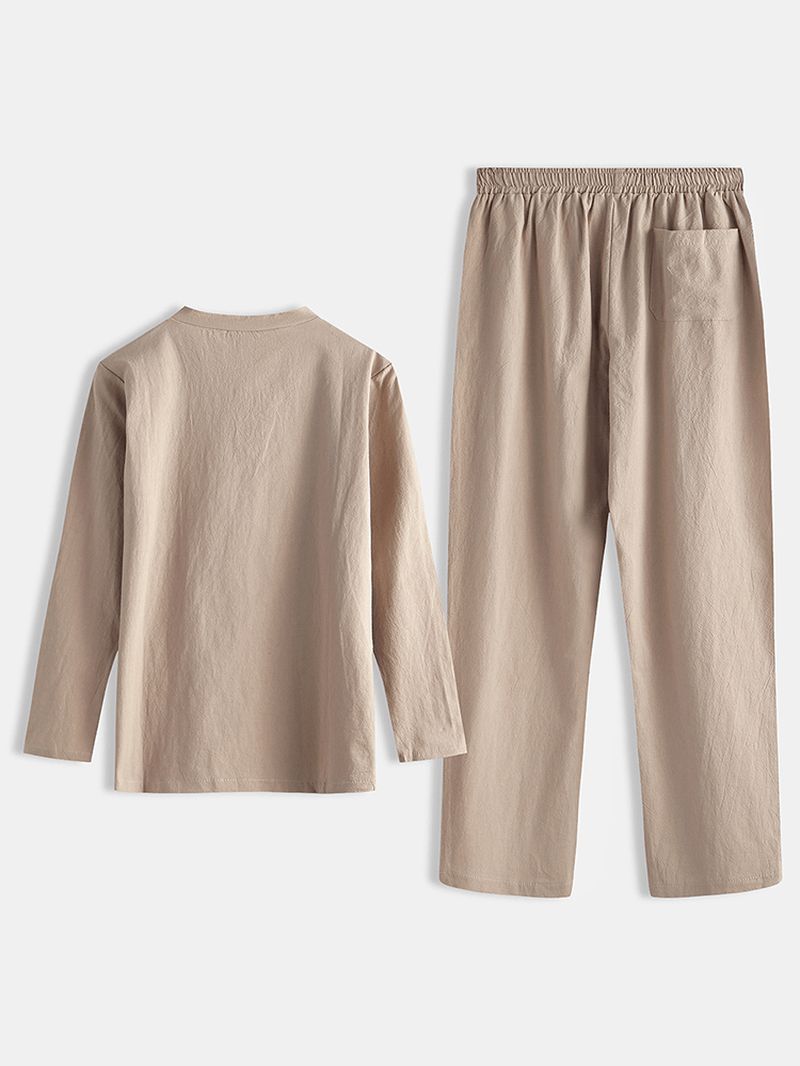 Heren Linnen Effen Pyjama Set Chinese Stijl Plus Maat Comfortabele Huisloungewear Met Zakken
