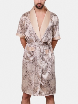 Heren Luxe Patroon Print Pocket Robe Shorts Thuis Casual Tweedelig Faux Zijden Pyjama Set
