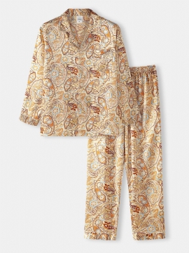 Heren Paisley Print Etnische Stijl Flap Pocket Lange Mouw Thuis Casual Pyjama Set