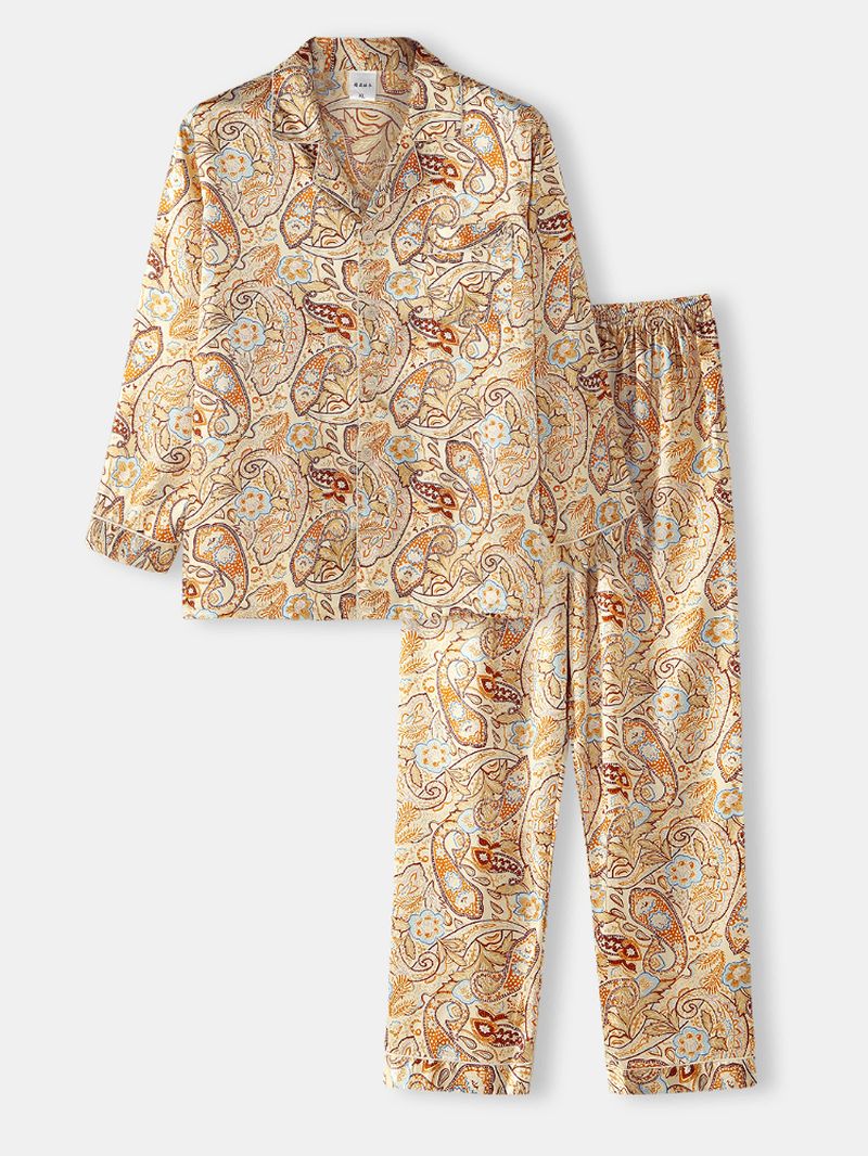 Heren Paisley Print Etnische Stijl Flap Pocket Lange Mouw Thuis Casual Pyjama Set