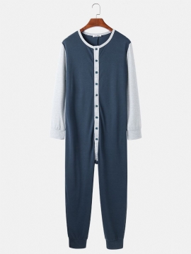 Heren Patchwork Colorblock Ronde Hals Button-up Lange Mouw Thuis Jumpsuit Pyjama