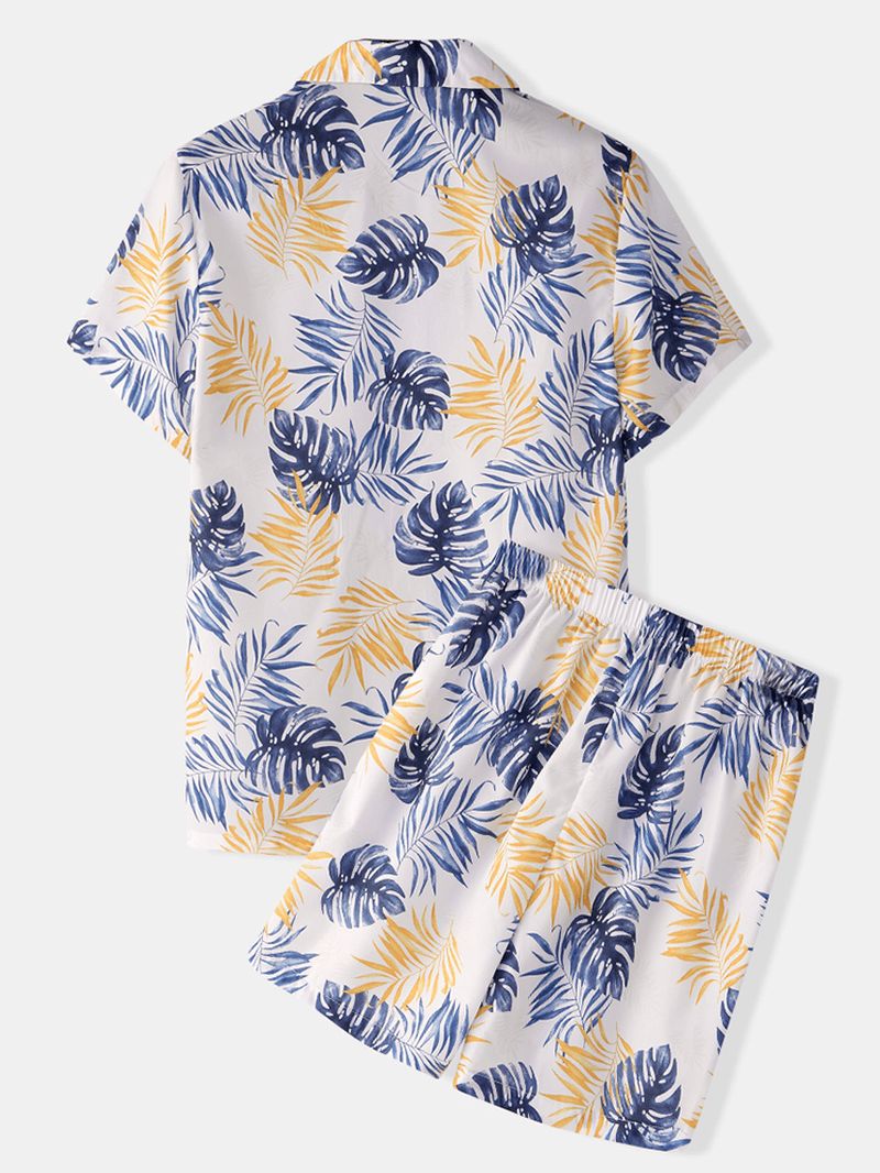 Heren Pyjamaset Met Tropische Plantenbladeren En Kraag Van Imitatiezijde Voor Thuis