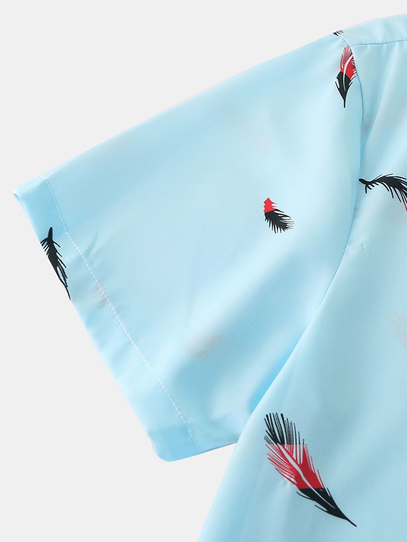 Heren Revere Collar Feather Print Shorts Met Korte Mouwen Tweedelige Pyjamaset Losse Nachtkleding
