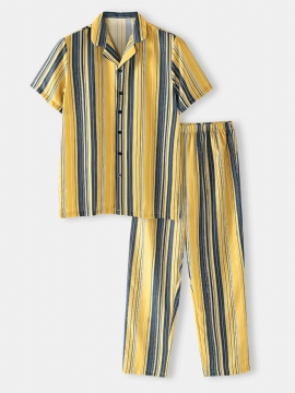 Heren Streep Print Revere Kraag Korte Mouw Elastische Taille Broek Thuis Katoenen Pyjama Set