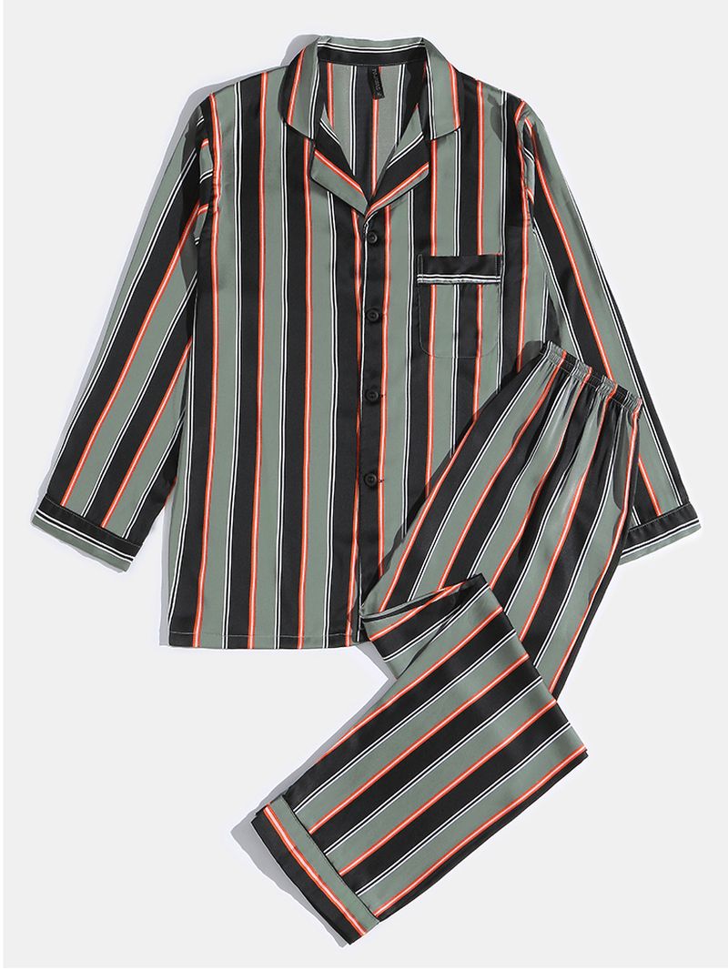 Heren Streep Print Revers Shirt Met Lange Mouwen Elastische Taille Broek Thuis Pyjama Set