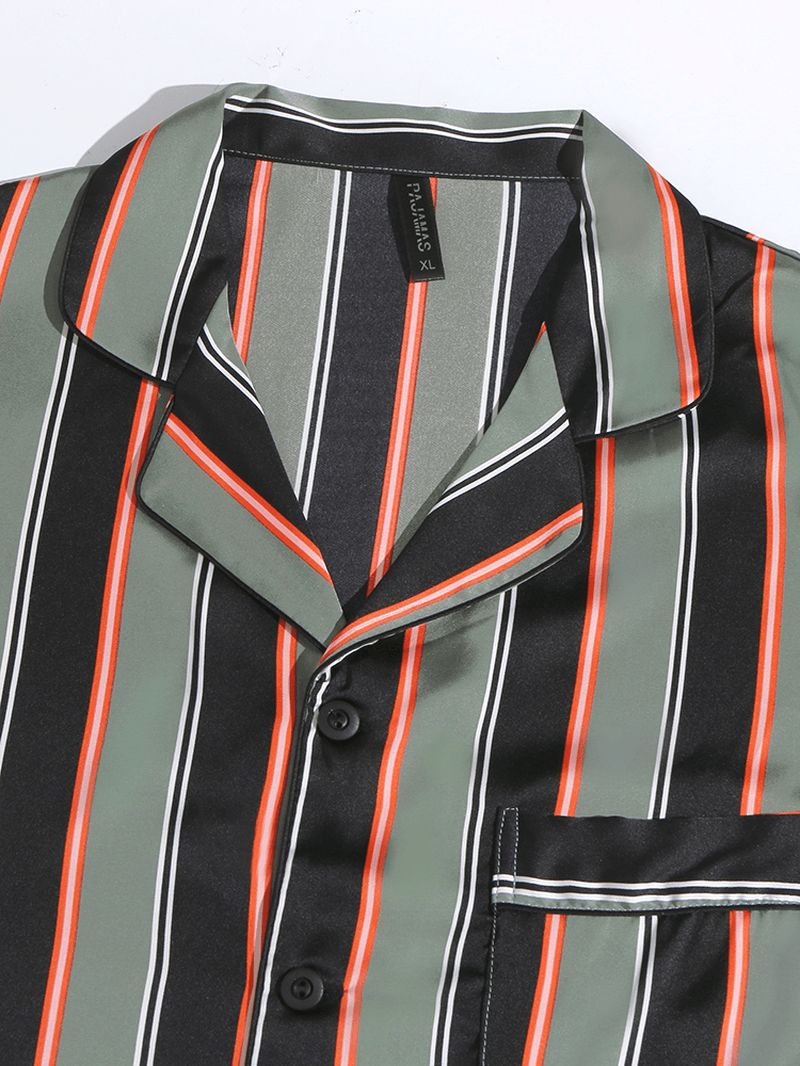 Heren Streep Print Revers Shirt Met Lange Mouwen Elastische Taille Broek Thuis Pyjama Set
