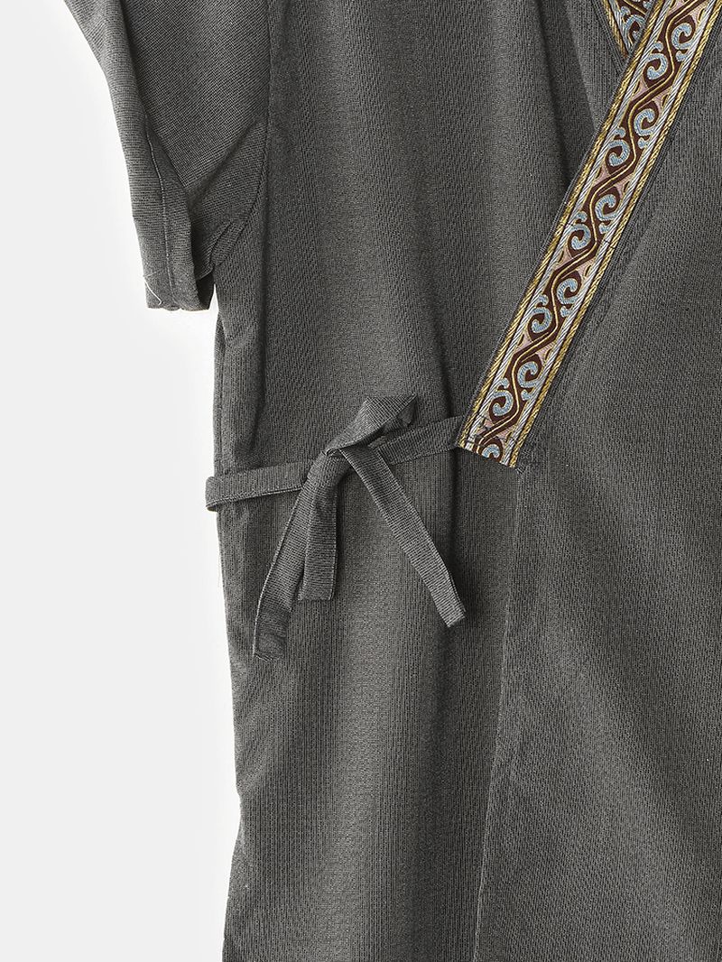 Heren Vintage Patroon V-hals Stropdas Kant Kimono Katoen Losse Korte Loungewear Sets