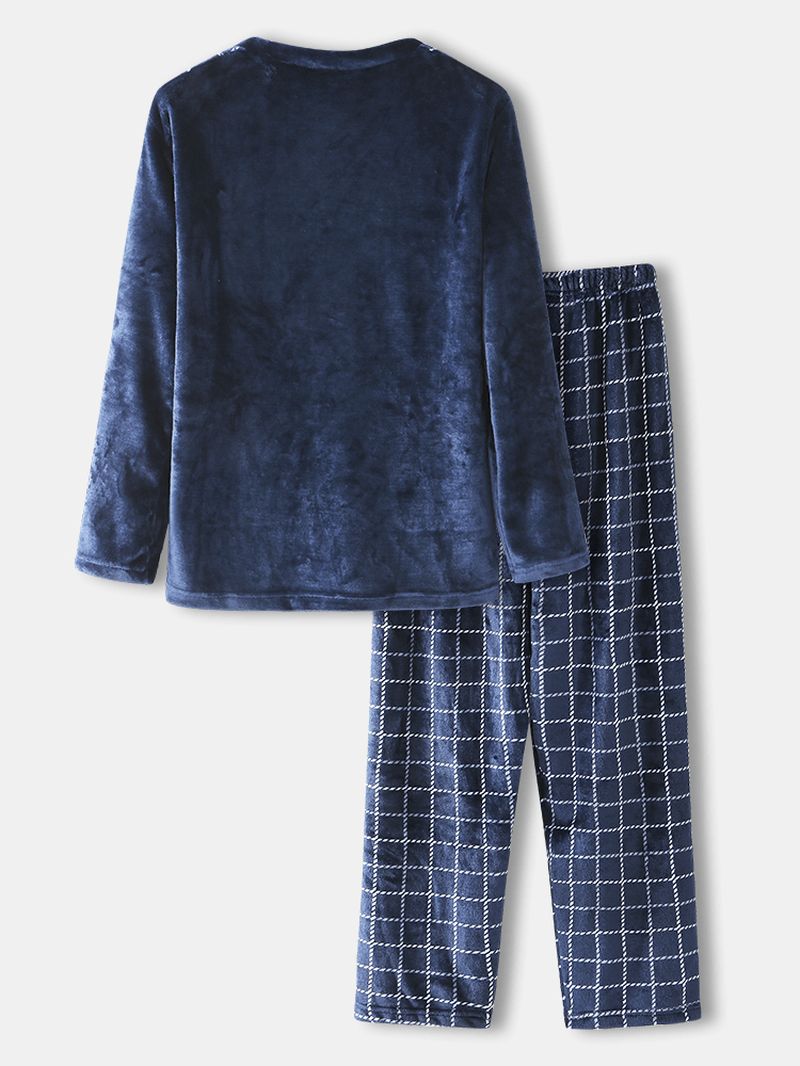 Heren Winter Flanel Plaid Ronde Hals Tops Losse Broek Dikke Home Lounge Pyjama Set