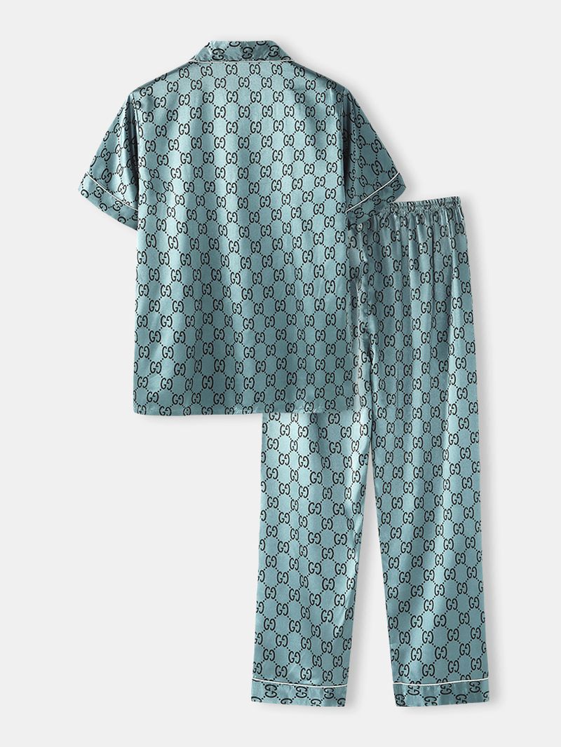 Herenprint Faux Zijden Borstzak Korte Mouw Elastische Taille Dunne Thuis Pyjama Set