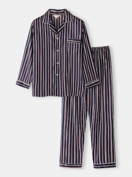 Klassieke Streep Revere Kraag Lange Mouw Elastische Taille Ice Silk Home Casual Pyjamaset