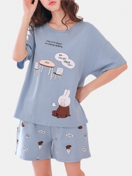 Leuke Losse Tweedelige Pyjamaset Met Korte Mouwen Met Cartoonprint Voor Dames