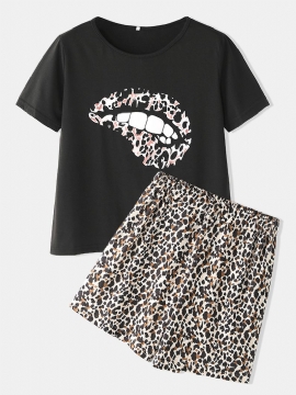 Luipaardprint Pyjama Set Twee Stukken O-hals Korte Mouw Dames Outwork Loungewear