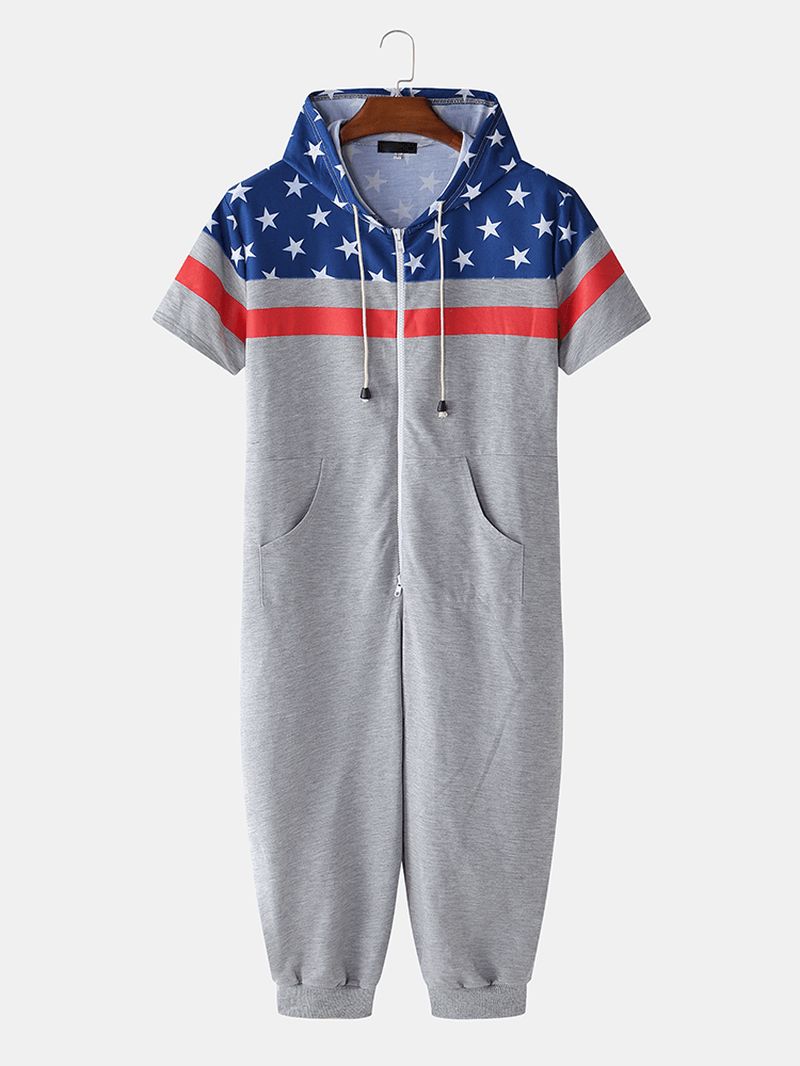 Mannen Amerikaanse Vlag Print Hooded Ritsvak Korte Mouw Thuis Jumpsuit Nachtkleding