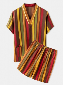 Paar Kleurrijke Streep Dubbele Zakken Ademend Pyjama Set Hotel Badkleding