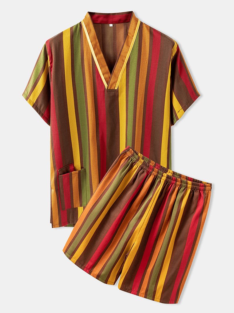 Paar Kleurrijke Streep Dubbele Zakken Ademend Pyjama Set Hotel Badkleding