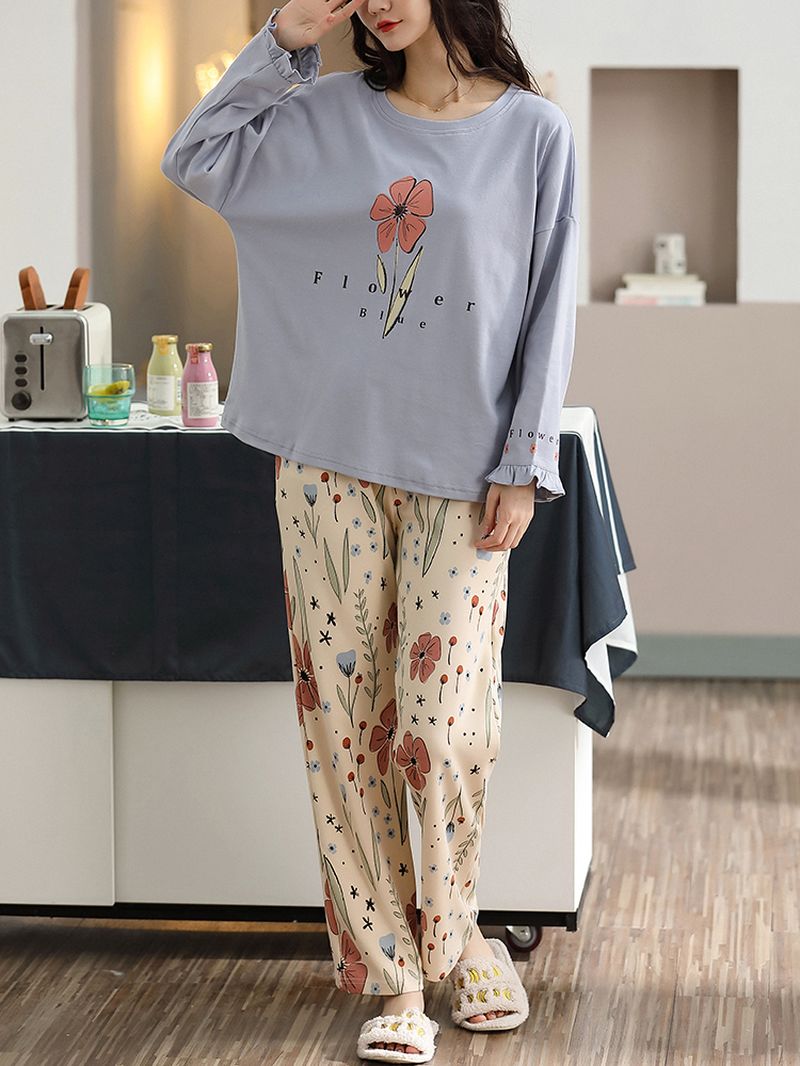Plus Size Dames Bloemen- En Letterprint V-hals Lange Mouw Thuis Casual Pyjamaset