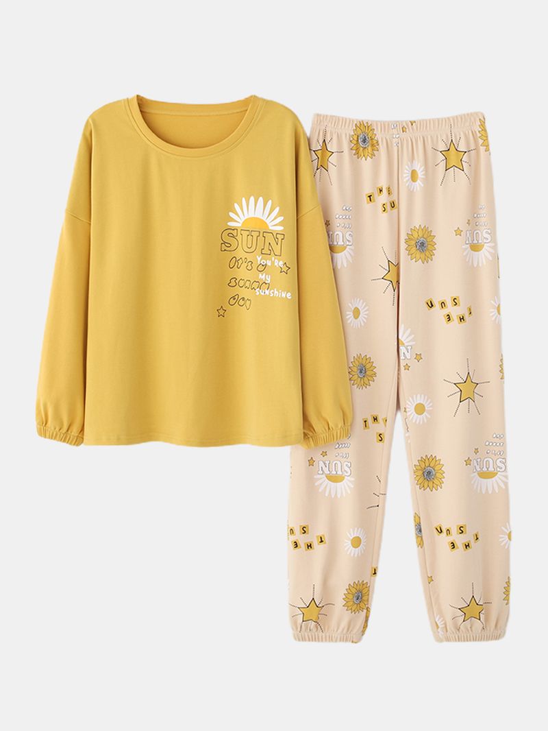 Plus Size Dames Bloemen- En Letterprint V-hals Lange Mouw Thuis Casual Pyjamaset
