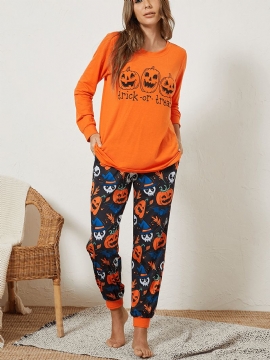 Plus Size Dames Cartoon Pompoen & Ghost Elastische Taille Jogger Broek Gezellige Pyjama Set