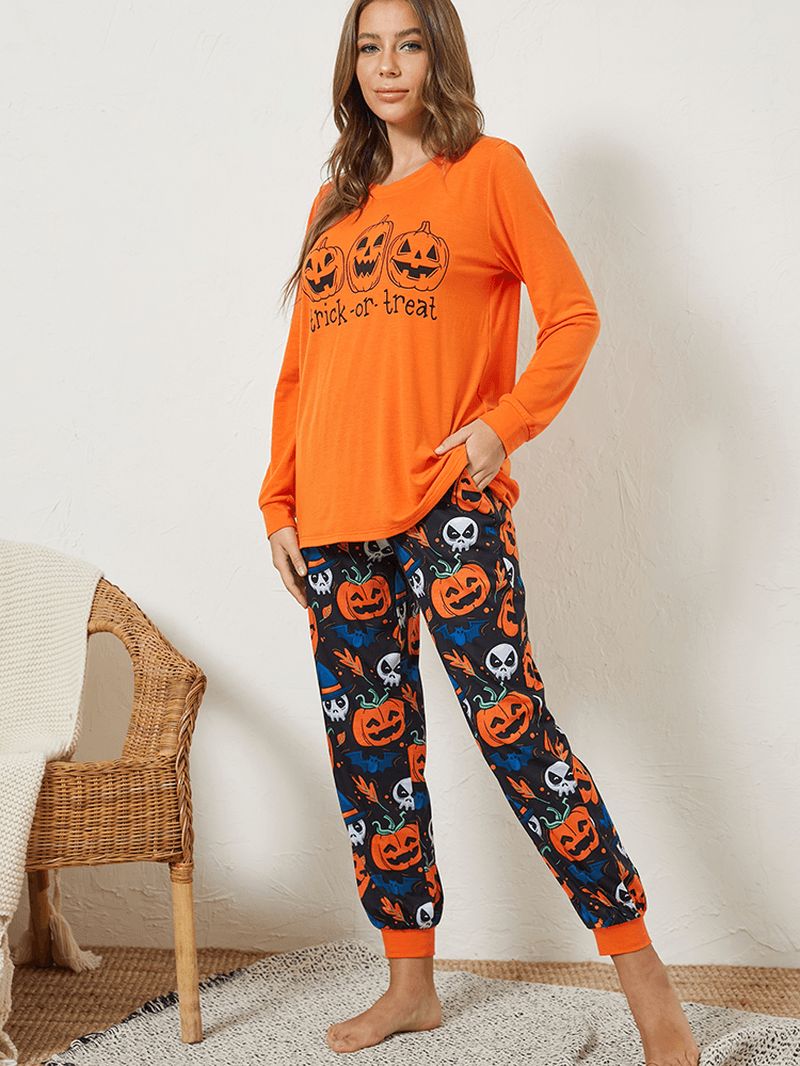 Plus Size Dames Cartoon Pompoen & Ghost Elastische Taille Jogger Broek Gezellige Pyjama Set