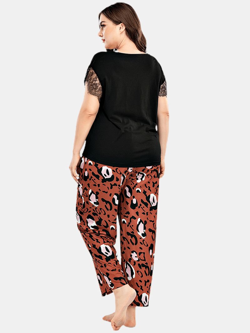 Plus Size Dames Kanten Zwarte Korte Mouw Top Luipaard Broek Thuis Casual Pyjama Set