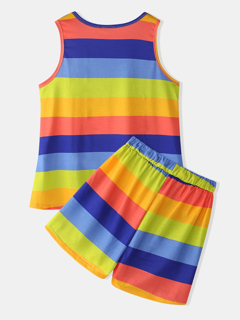 Plus Size Dames Kleurrijke Gestreepte Mouwloze Tank Tops Pocket Shorts Pyjama Set