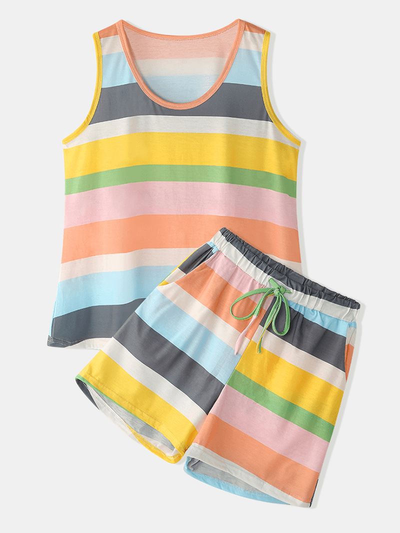 Plus Size Dames Kleurrijke Gestreepte Mouwloze Tank Tops Pocket Shorts Pyjama Set