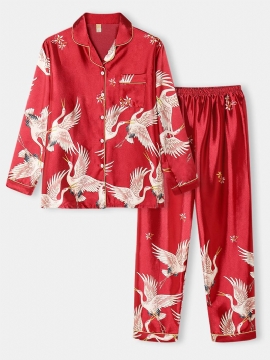 Plus Size Dames Kraanpatroon Revere Kraag Ice Silk Home Casual Pyjama Sets