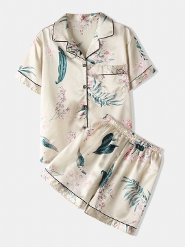 Plus Size Dames Plant Print Revere Kraag Faux Zijde Korte Mouw Losse Pyjama Sets