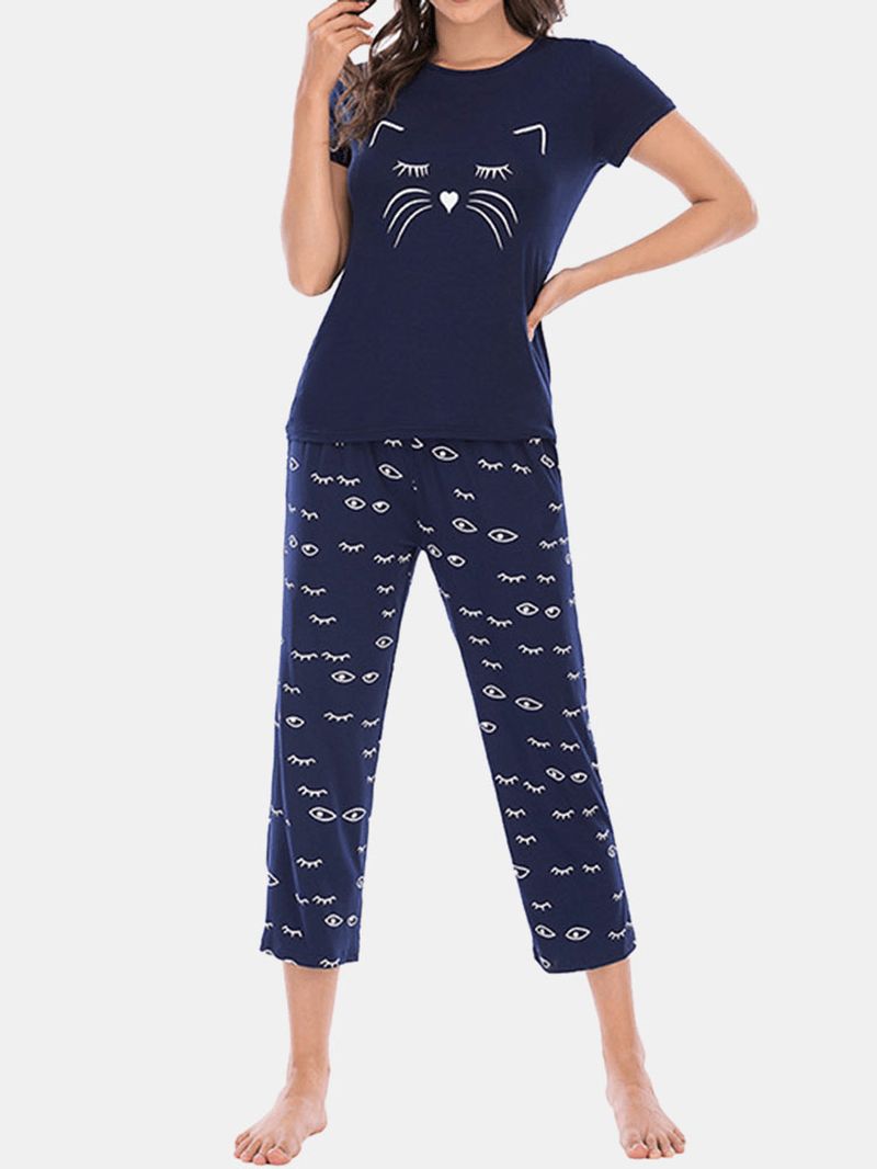 Plus Size Dames Pyjama's Met Korte Mouwen En Letteroogprint