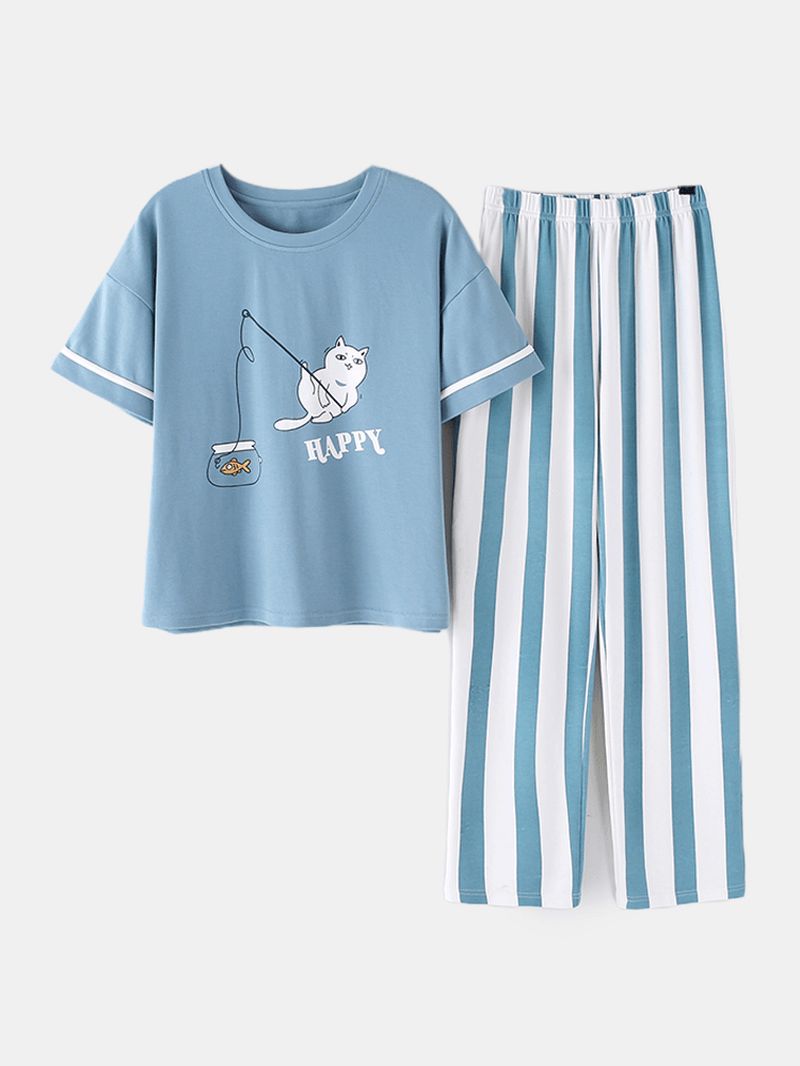 Plus-size Dames Pyjamasets Met Schattige Cartoon Dierenprint En Korte Mouwen