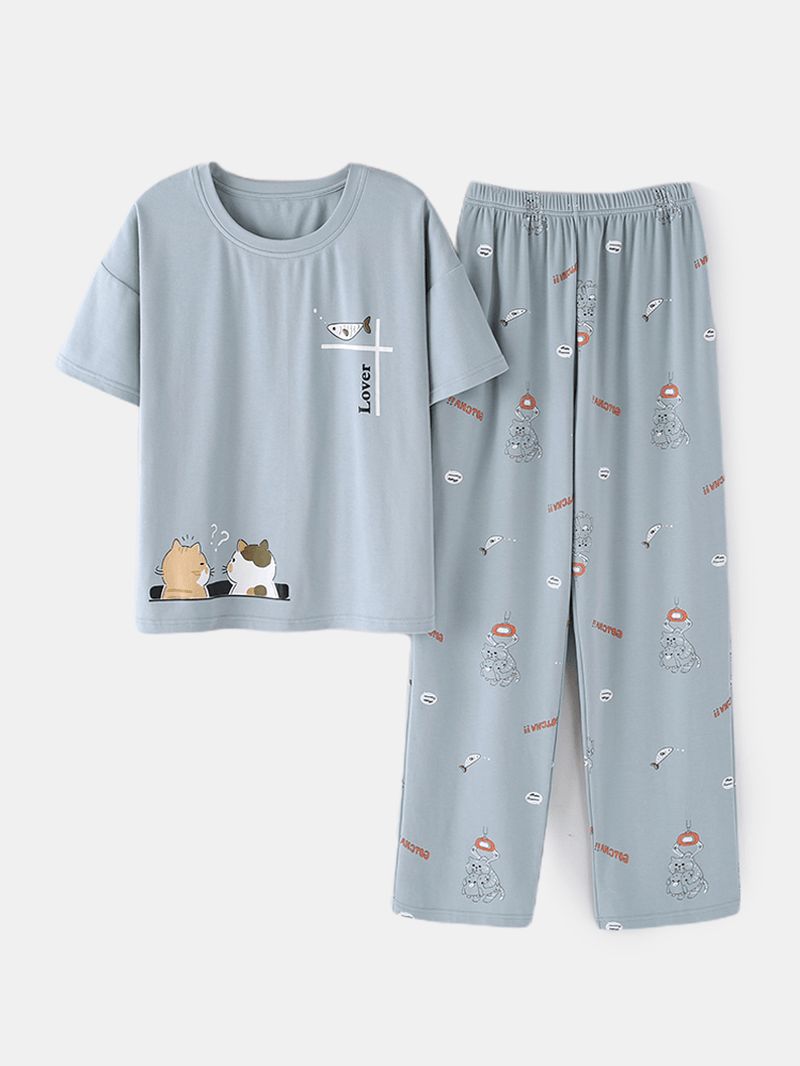 Plus-size Dames Pyjamasets Met Schattige Cartoon Dierenprint En Korte Mouwen