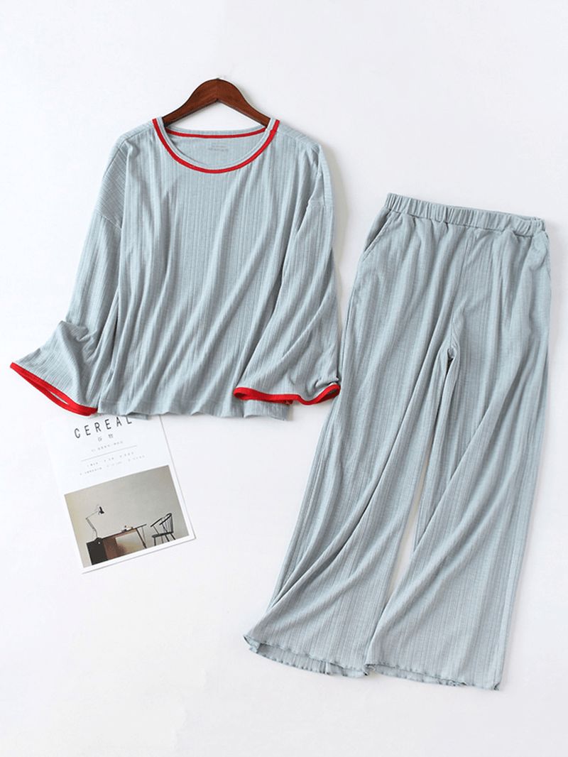 Plus Size Loungewear Met Lange Mouwen Casual 2-delige Getextureerde Katoenen Pyjamaset