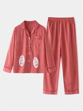 Plus Size Vrouwen Cartoon Print Revere Kraag Lange Mouw Elastische Taille Thuis Pyjama Set