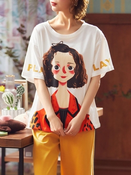 Plus Size Vrouwen Fruit Cartoon Print Ruche Versieringen Korte Mouw Pyjama Sets